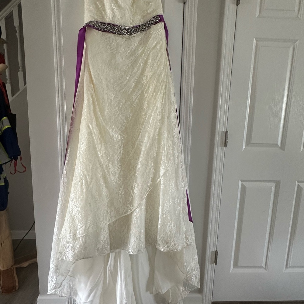 David's Bridal Cream and Purple Tiered Wedding Gown